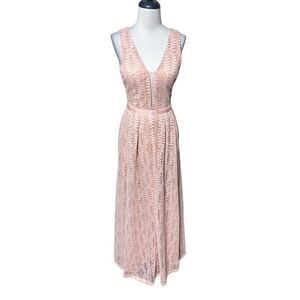Lucy Wang Sleeveless Blush Lace Prom Bridal Maxi Dress Plunging Neckline Size 2